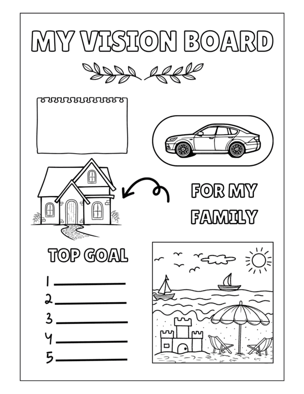Color your future with Vision Board Coloring Pages. A motivating and fun activity to visualize and manifest your goals and dreams