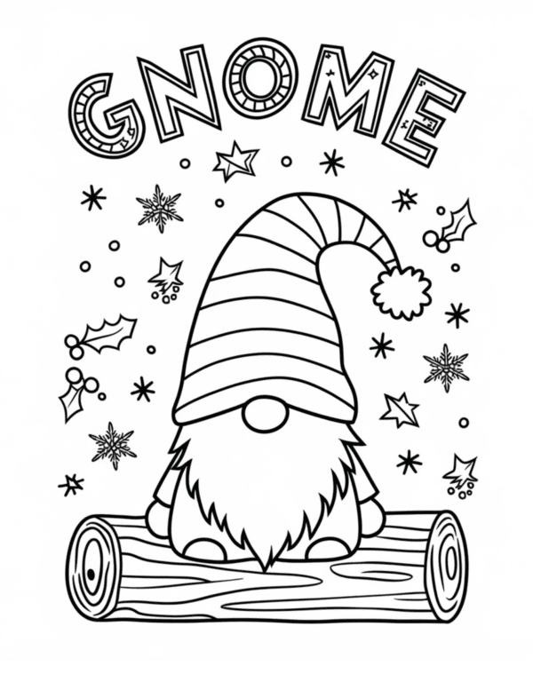 A cheerful gnome nestled inside a hollow tree log, surrounded with stars, snowflakes, and tree ornaments