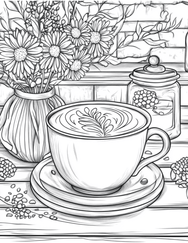 Coffee or Tea with Flower Vase: A warm cup of coffee or tea on a table, accompanied by a delicate vase holding fresh flowers, set against a serene background.