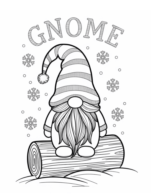 A Gnome sitting in a log: A Gnome sitting in a log wearing a christmas hat with snowflakes in the background