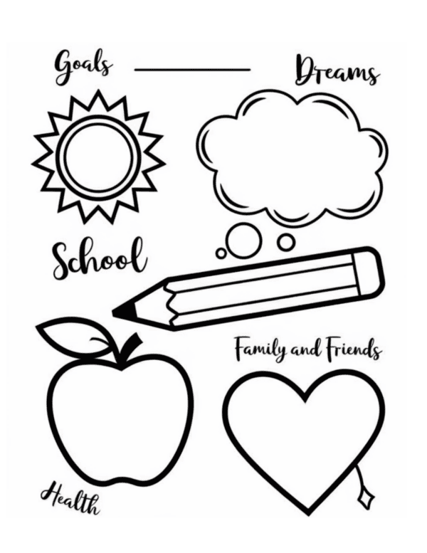 Vision board with Goals. Dreams, School, Health, Family and friends written.