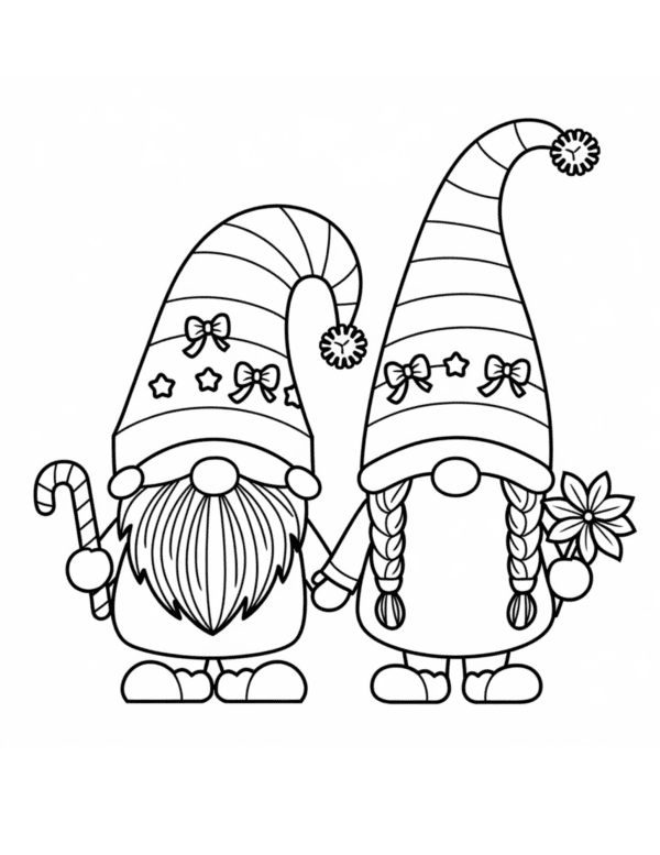 Gnome Boy and Girl Holding Hands: A cheerful gnome boy and girl holding hands, both wearing matching striped hats and standing in a snowy meadow.