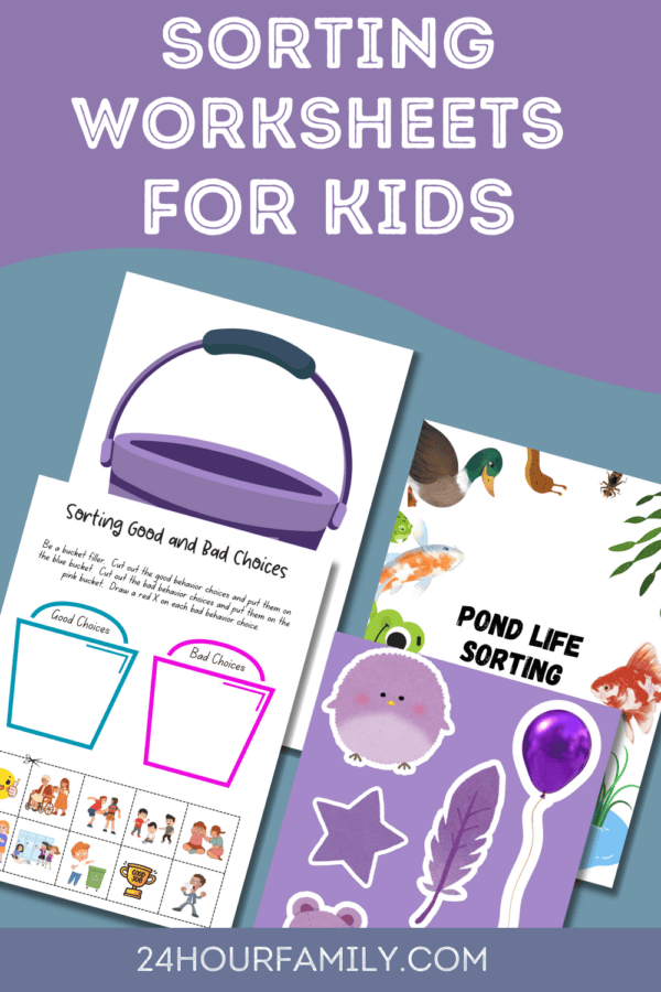 Fun and Educational Sorting Worksheets for kids featuring Fruit of the spirit sorting game, color sorting bucket worksheets, pond life sorting mats, good and bad choices sorting game