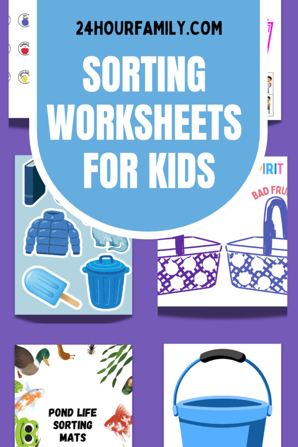Sorting Worksheets for kids featuring Fruit of the spirit sorting game, color sorting bucket worksheets, pond life sorting mats, good and bad choices sorting game