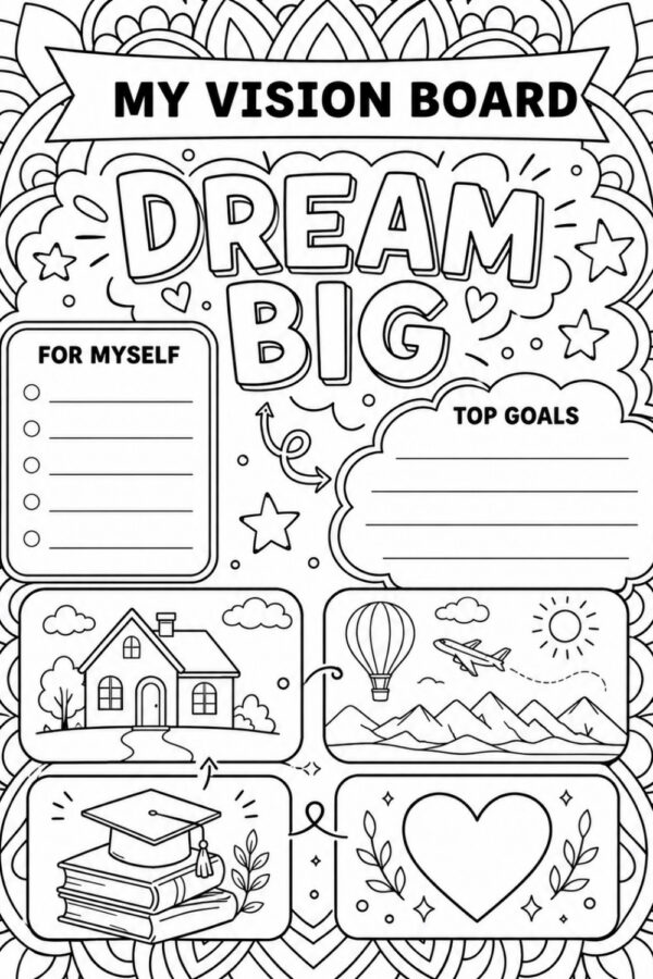 Vision board dream big coloring page