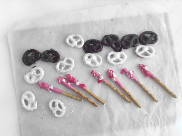 Coated Pretzels and pretzels stick in white and brown chocolate