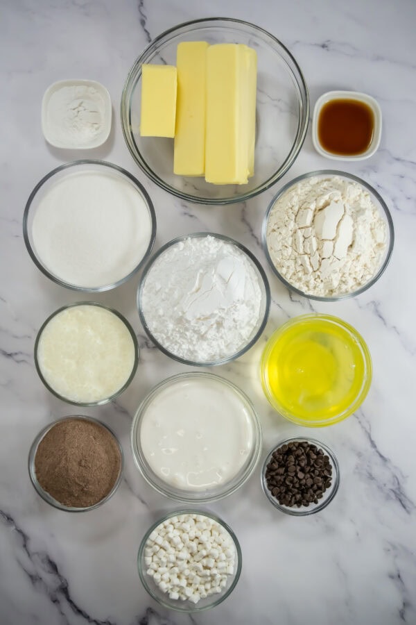 Ingredients in making Hot Cocoa Cupcakes with Marshmallow Frosting