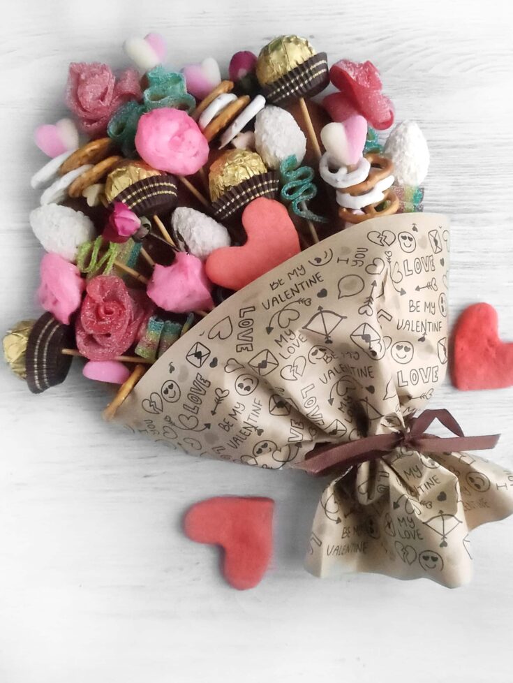 valentine's day candy bouquet charcuterie board
