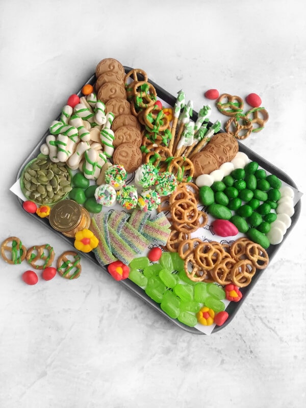 leprechaun-approved snacks, holiday food board, festive party platter, green and gold snack tray, Irish food ideas, March 17th charcuterie board