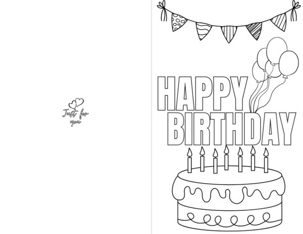 A black-and-white printable birthday card with "HAPPY BIRTHDAY" in bold letters, a cake with candles, balloons, and a banner at the top.