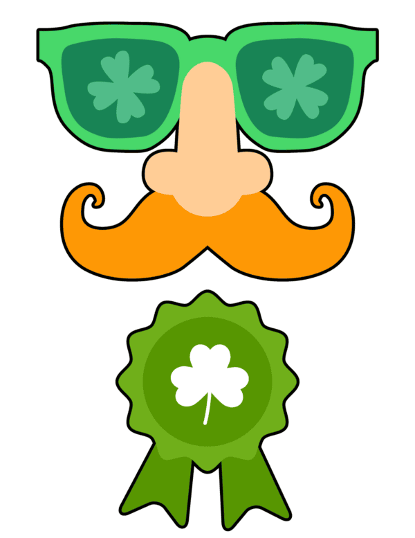 Green sunglasses with shamrocks, orange mustache, and shamrock ribbon badge.