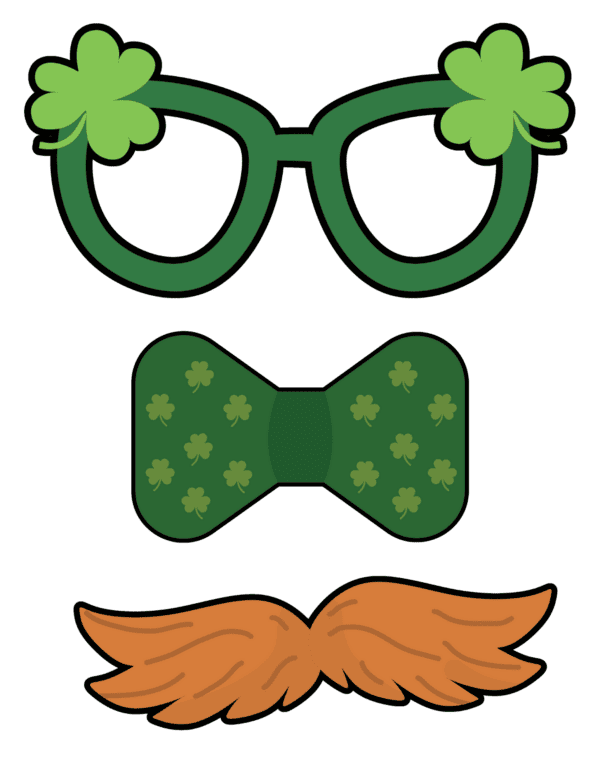 Green glasses with shamrocks on the corners, a green bow tie with shamrock patterns, and a brown mustache.