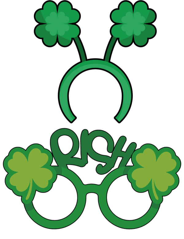 Green glasses with shamrocks on the corners, a green bow tie with shamrock patterns, and a brown mustache.