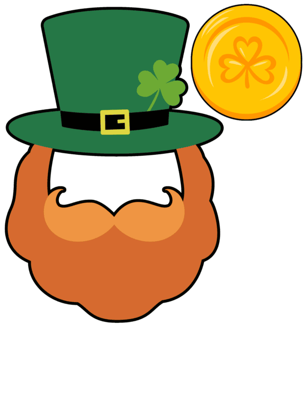 A leprechaun hat with a shamrock, a orange beard, and a gold coin.