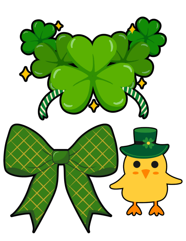 A green shamrock headband, a plaid bow, and a small yellow chick wearing a green hat.