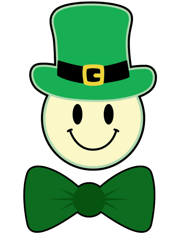 A smiley face wearing a green leprechaun hat with a matching bow tie.