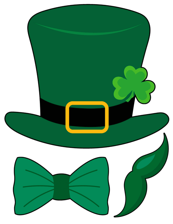 Green leprechaun hat, bow tie, and mustache