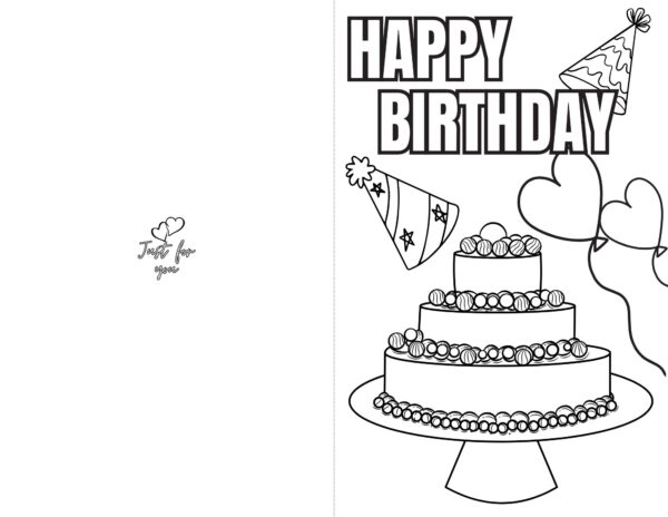 A black-and-white printable birthday card featuring a tiered cake decorated with round ornaments, party hats, heart-shaped balloons, and "HAPPY BIRTHDAY" in large bold letters.