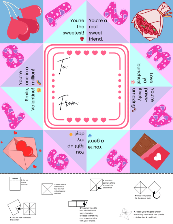 fun Valentine's crafts, cootie catcher printable, Valentine's Day games, kids Valentine printable, easy Valentine's craft, cootie catcher DIY, Valentine’s card ideas, Valentine's Day printable, homemade Valentine’s cards