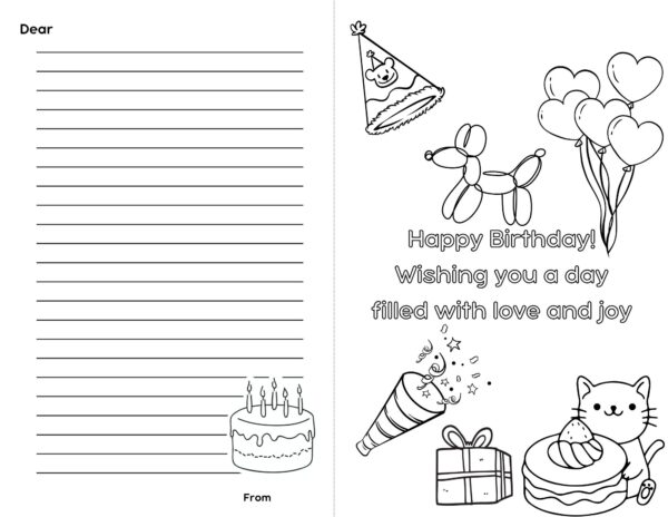 A printable birthday card with a lined message area on the left, starting with "Dear" and ending with "From." The right side features a balloon animal, balloons, a cat with a dessert, a party hat, a cake, and the message "Happy Birthday! Wishing you a day filled with love and joy."
