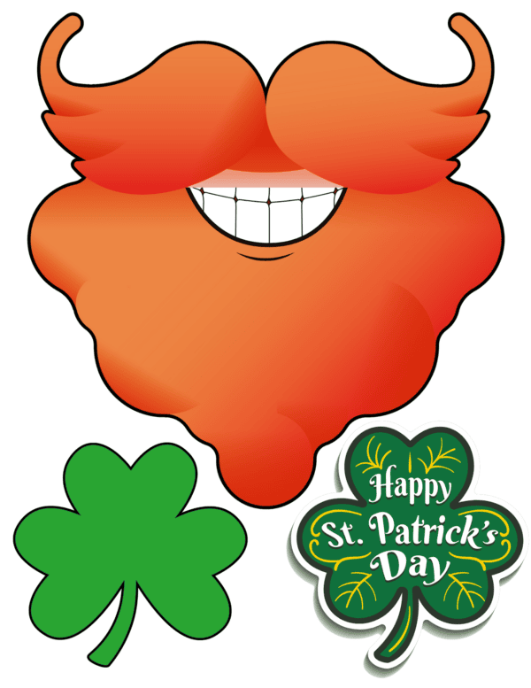 Orange beard with a smiling mouth, green shamrock, and "Happy St. Patrick’s Day" clover.