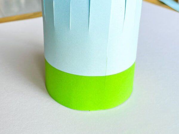 The blue and green sheet is rolled into a cylindrical shape