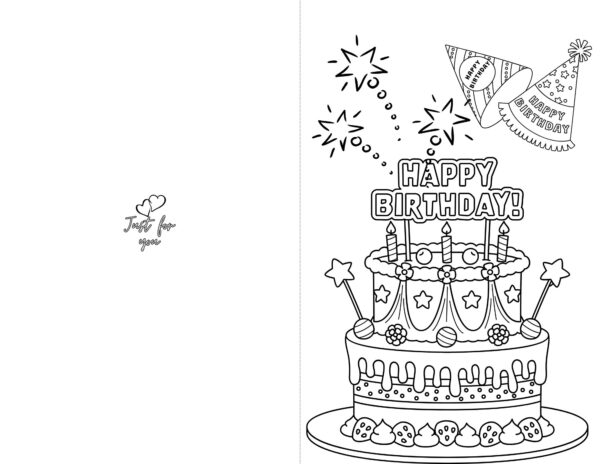 A black-and-white printable birthday card featuring a detailed multi-layered cake with candles, stars, decorative ornaments, and "HAPPY BIRTHDAY!" in large letters.