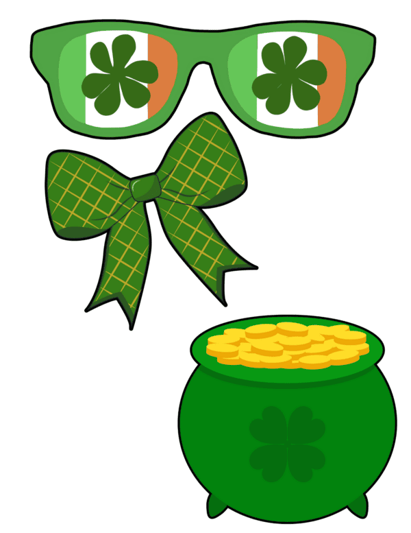 Irish flag-themed sunglasses, green plaid bow tie, and pot of gold.