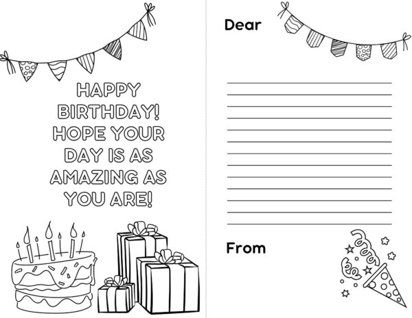 A printable birthday card with "HAPPY BIRTHDAY! HOPE YOUR DAY IS AS AMAZING AS YOU ARE!" in bold letters, a decorated cake with candles, and stacked gift boxes.