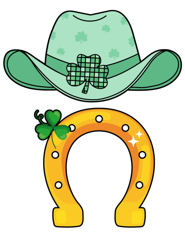 Light green cowboy hat with shamrock design and a golden horseshoe.
