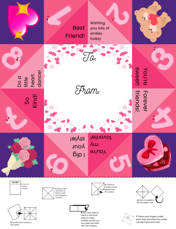 cute Valentine’s cards, unique Valentine’s cards, cootie catcher fold, Valentine’s day card printable, Valentine’s card activities, love cards, Valentine's Day printable game, Valentine’s cootie catcher tutorial