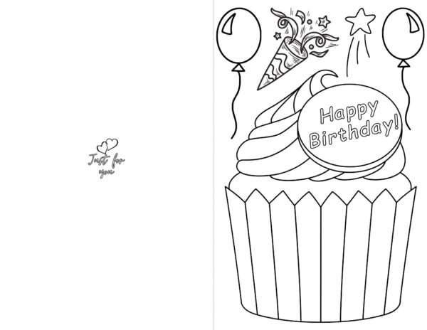 A printable birthday card featuring a large cupcake with a "Happy Birthday!" sign, balloons, a party popper, and stars.