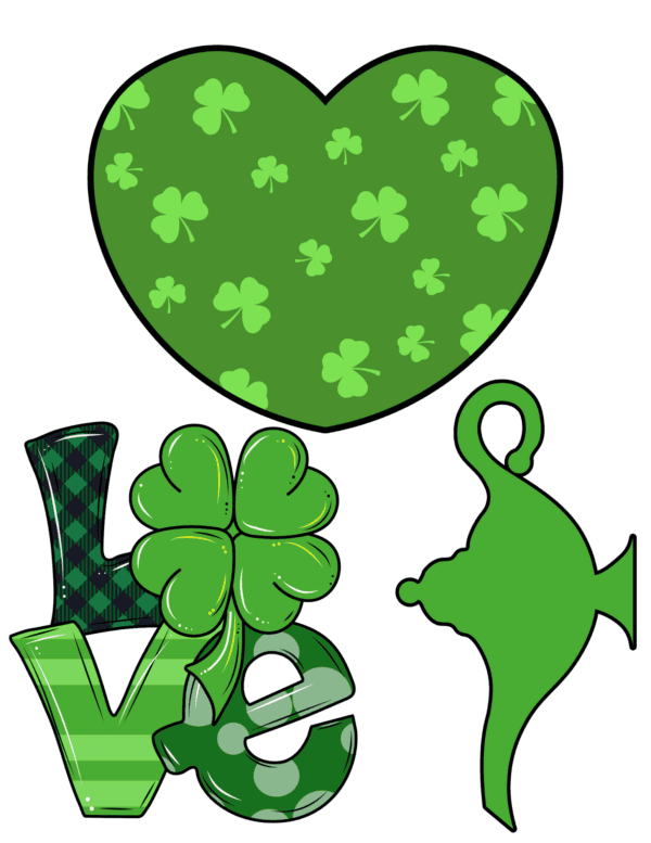 Green heart with shamrock pattern, "LOVE" text with a four-leaf clover, and a magic lamp.