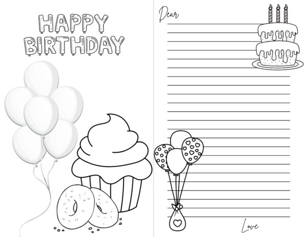 A printable birthday card with a cupcake, donuts, a cluster of balloons, and "HAPPY BIRTHDAY" in a playful font.
