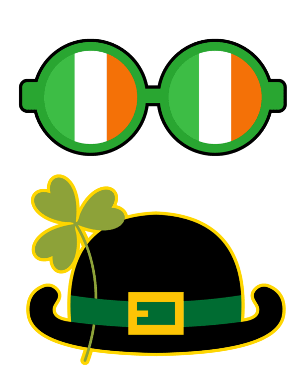Round green glasses with the Irish flag and a black bowler hat with a shamrock.