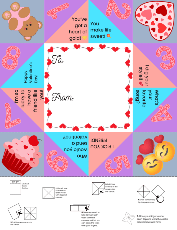 simple Valentine’s crafts, Valentine’s themed games, Valentine’s Day crafts for kids, cootie catcher games, Valentine’s love fortune, foldable Valentine’s cards, love paper crafts