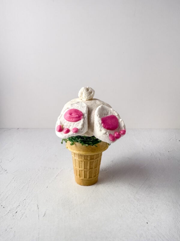 Assembled bunny tail with decorated marshmallow feet and a small marshmallow ball for the tail
