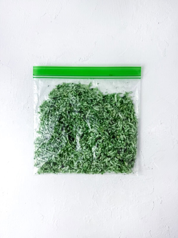 Ziplock bag with shredded coconut fully dyed green