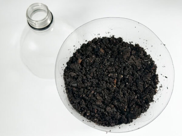 Bottom section of the plastic bottle filled with soil