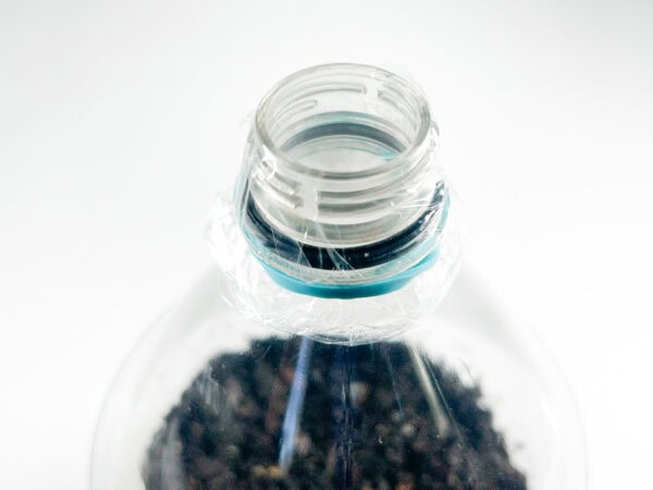 Bottle top sealed with plastic wrap and secured with a rubber band