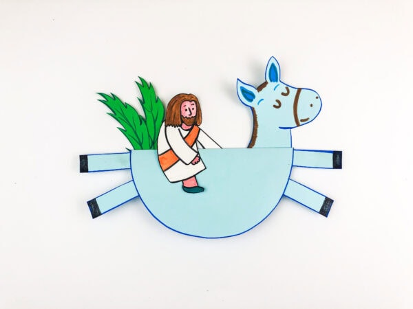 The donkey craft now has green paper palm leaves attached to the back.