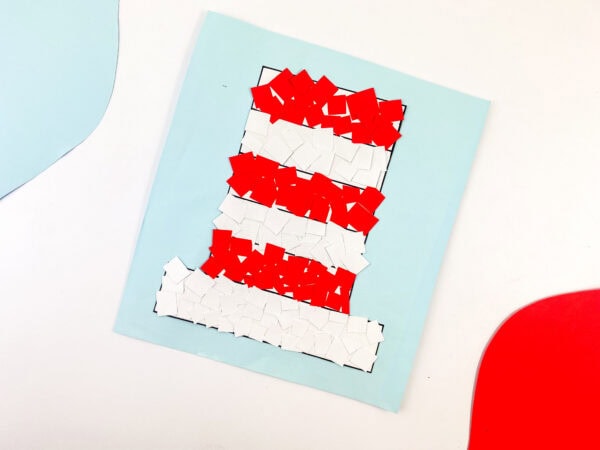 The final craft piece with the hat fully covered in red and white squares