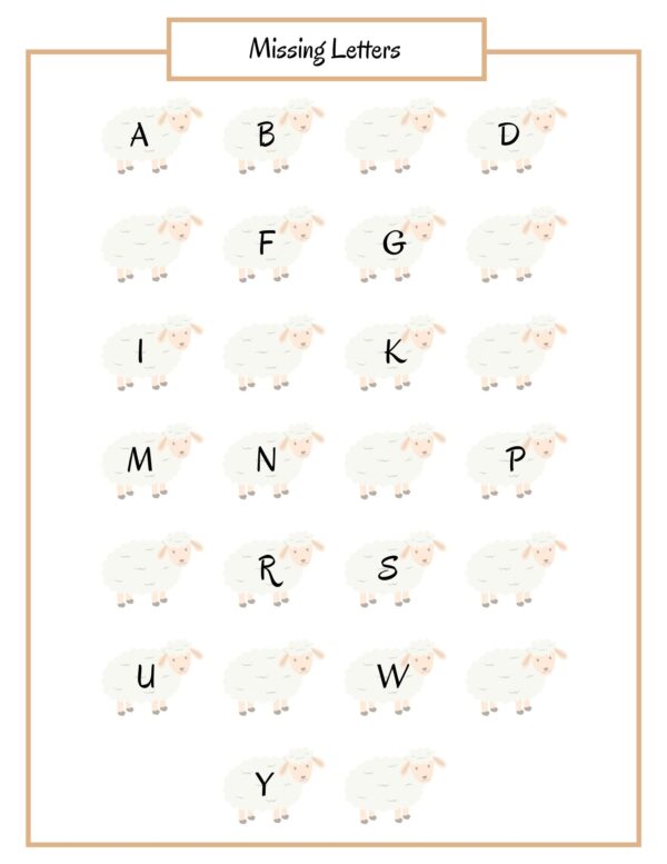 A missing letters activity featuring sheep illustrations with letters of the alphabet, where children must fill in the missing letters.