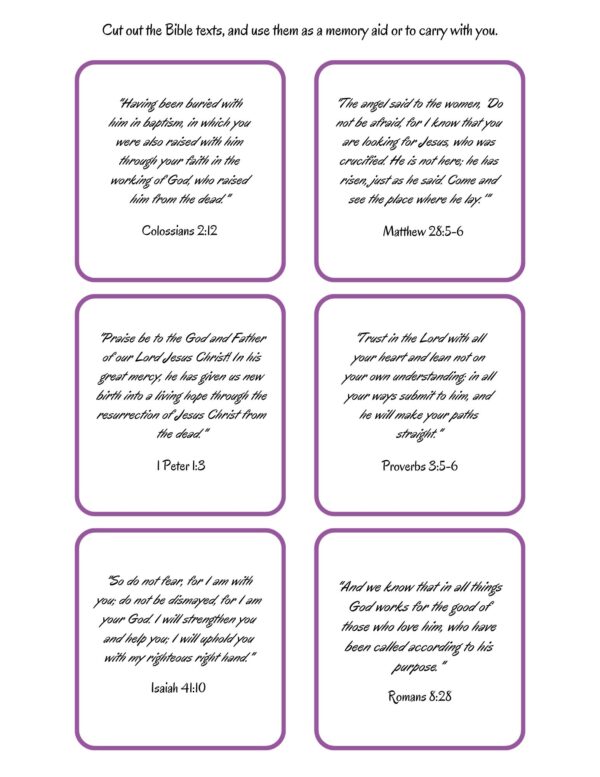A printable page featuring six Bible verse cards with scripture quotes from Colossians, Matthew, 1 Peter, Proverbs, Isaiah, and Romans, framed in purple borders.