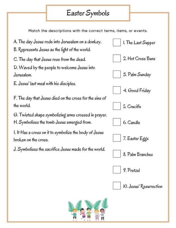 A matching game titled "Easter Symbols," where participants connect descriptions of Easter-related events and symbols, such as Palm Sunday, the Crucifix, and the Resurrection, to their correct terms.