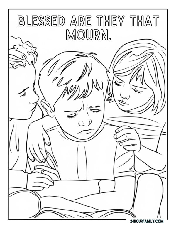 Coloring page of three children comforting a sad boy