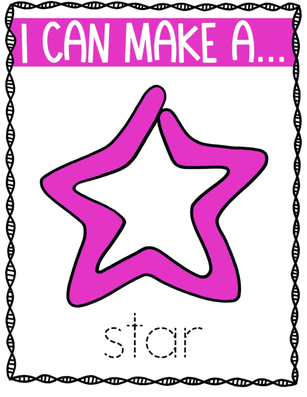 A star shape made with thick pink lines, with the text "I CAN MAKE A... star."