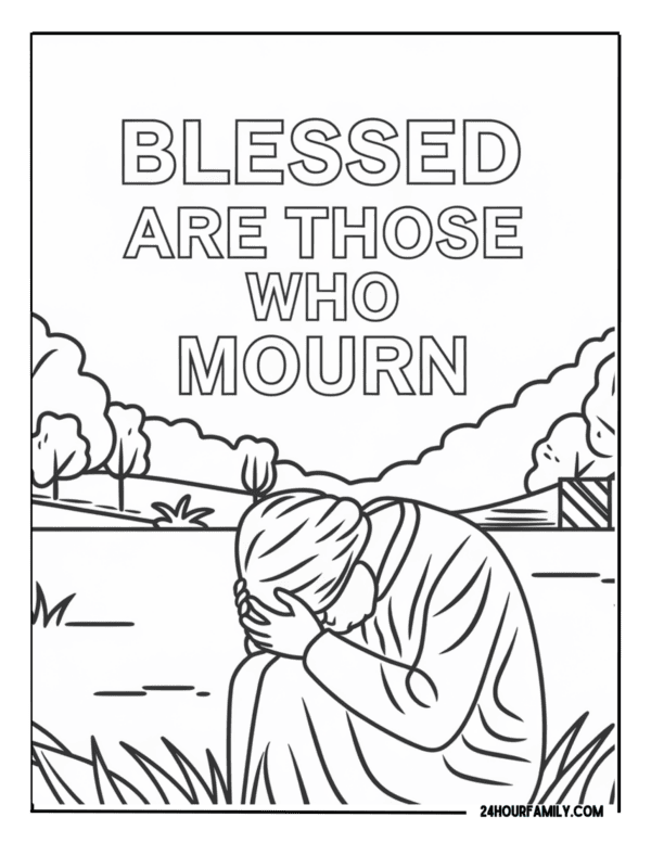 Coloring page of a grieving woman in a field