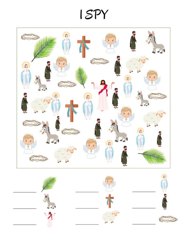 An "I Spy" activity sheet with various religious symbols, including angels, crosses, palm leaves, donkeys, and crowns of thorns.