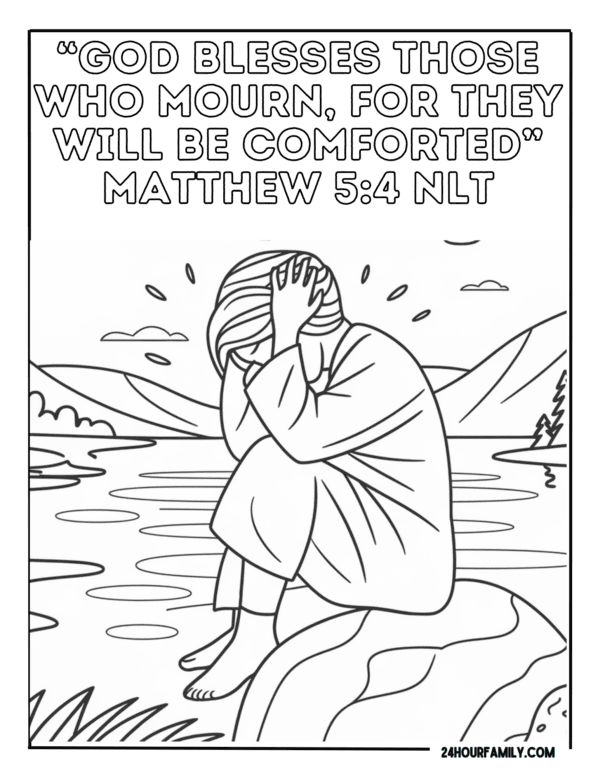 Coloring page of a woman crying into her hands while sitting on a rock in water